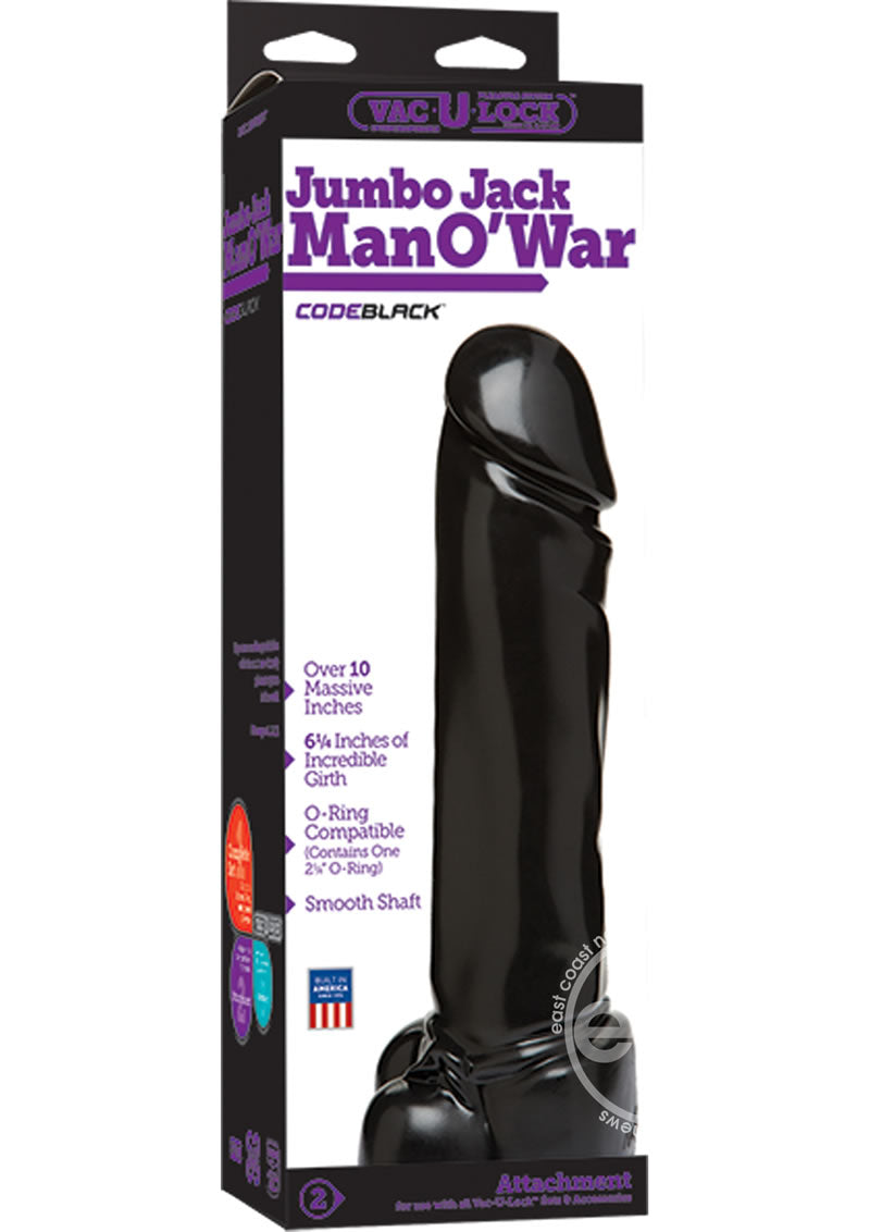 Vac U Lock Code Black Jumbo Jack Man O War Dildo 10 Inches