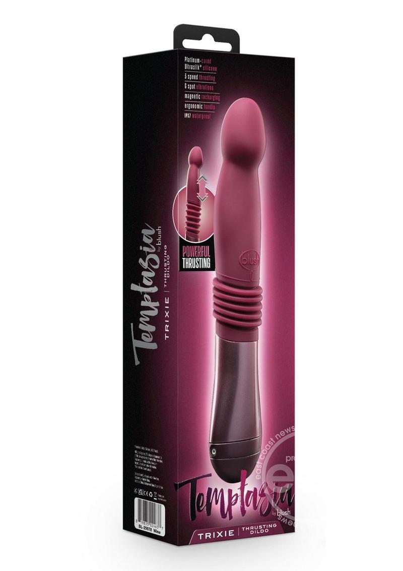 Blush Temptasia Trixie Curved G-Spot Wine 10-Inch Long Thrusting Rechargeable Vibrating Dildo