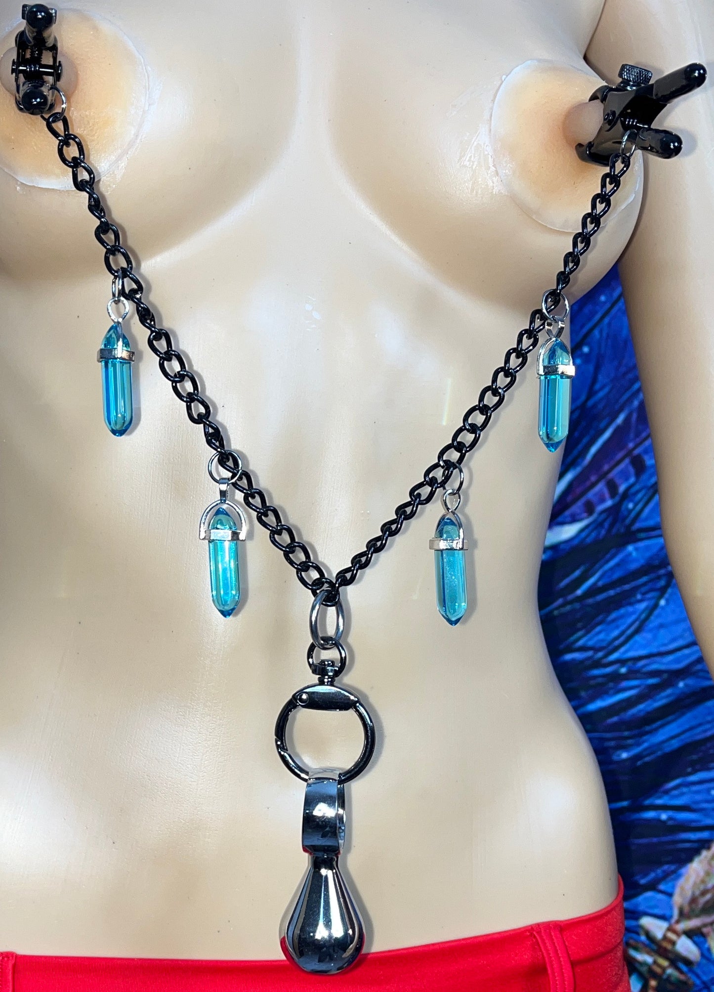 Clear Sea Blue Crystal Adjustable Bullnose Nipple Clamps with Stainless Steel Mini Butt Plug