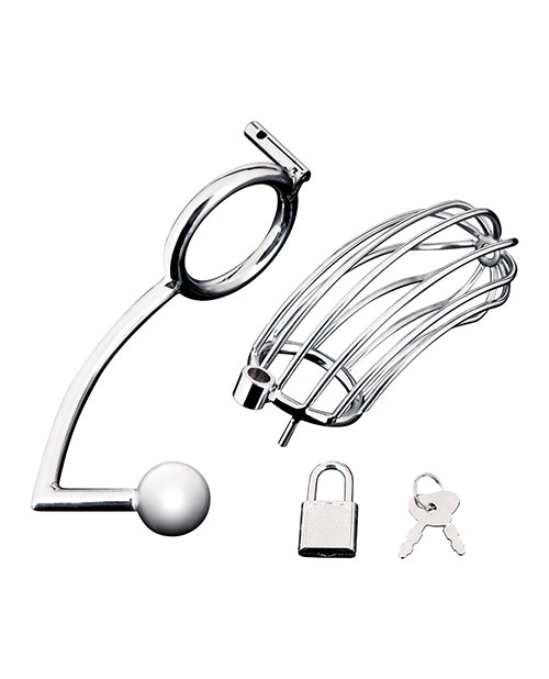 Blue Line Cock Cage with Anal Stimulator - Silver