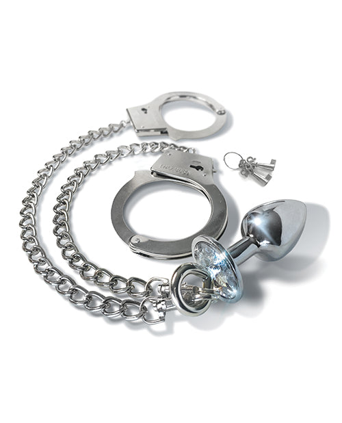 Nixie Metal Butt Plug with Inlaid Jewel and Cuff Set with Bullnose Nipple Clamps