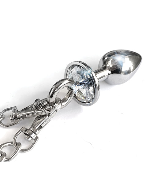 Nixie Metal Butt Plug with Inlaid Jewel and Cuff Set with Bullnose Nipple Clamps