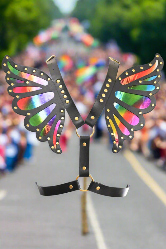 Black Faux Leather and Rainbow Hologram Butterfly Wing Harness