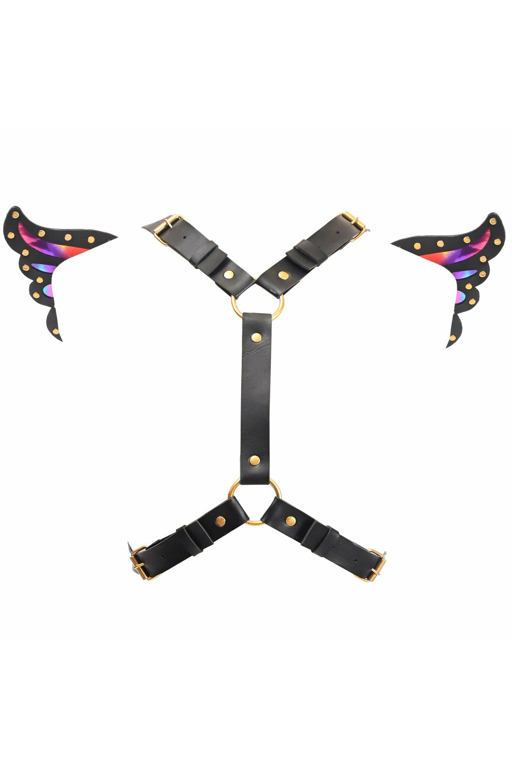 Black Faux Leather and Rainbow Hologram Butterfly Wing Harness