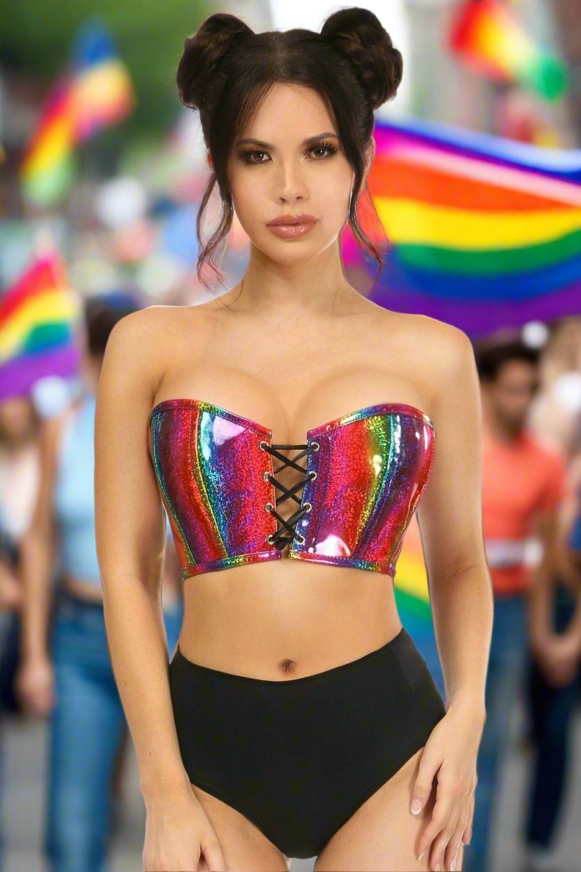 Rainbow Glitter PVC Lace Up Bustier