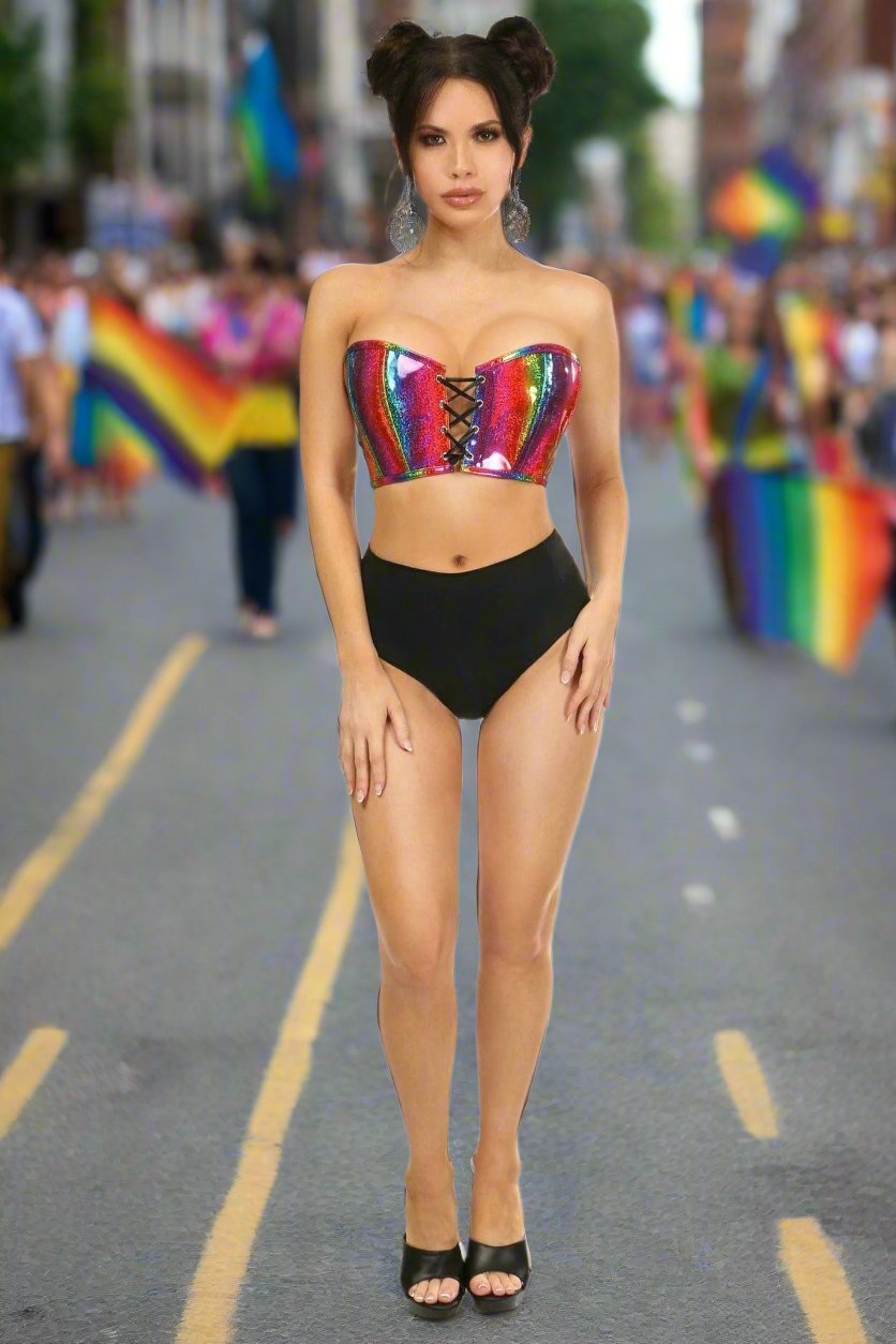 Lavish Rainbow Glitter PVC Lace-Up Bustier in Size S, M, L, XL, 2X, 3X, 4X, or 6X