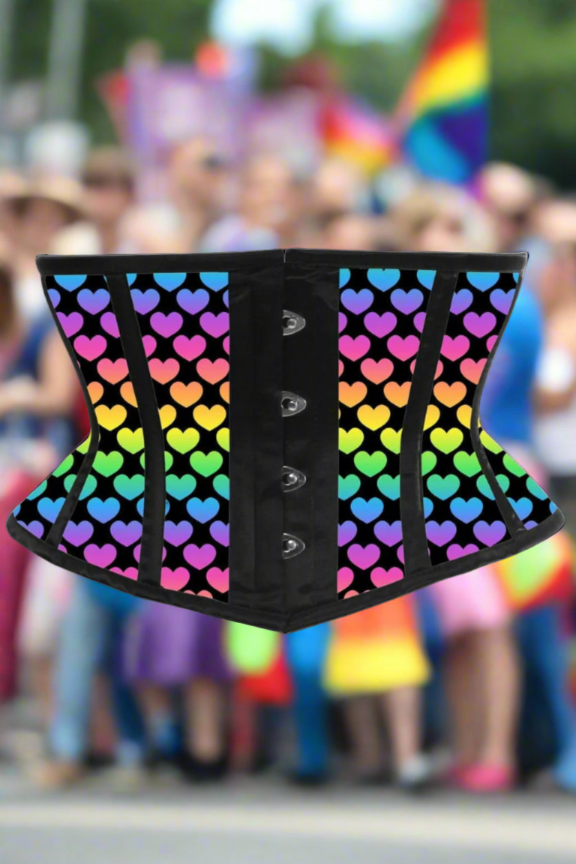 Rainbow Hearts Print Satin Mini Cincher Corset