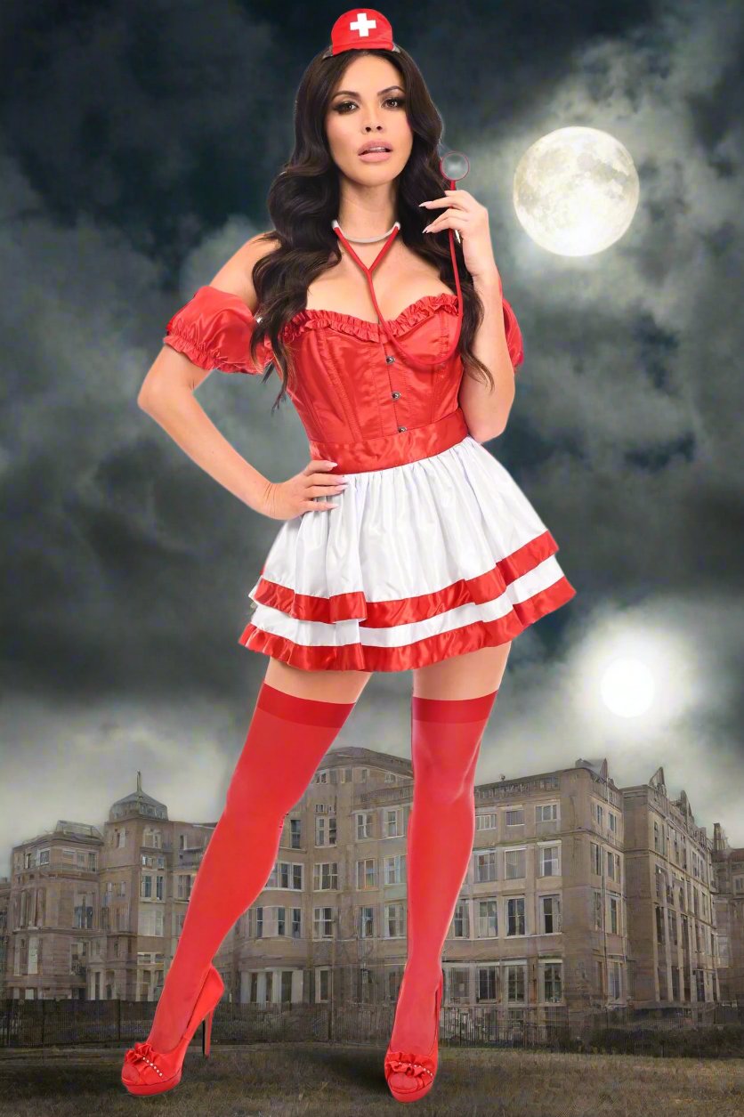 Top Drawer 4 Piece Naughty Nurse Corset Costume by Daisy Corsets in Size S, M, L, XL, 2X, 3X, 4X, 5X, or 6X