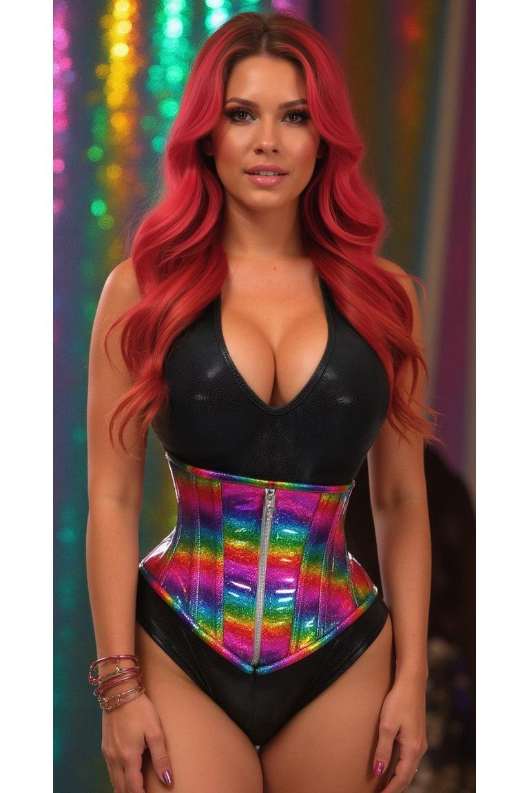 Rainbow Glitter Hologram Steel Boned Waist Cincher