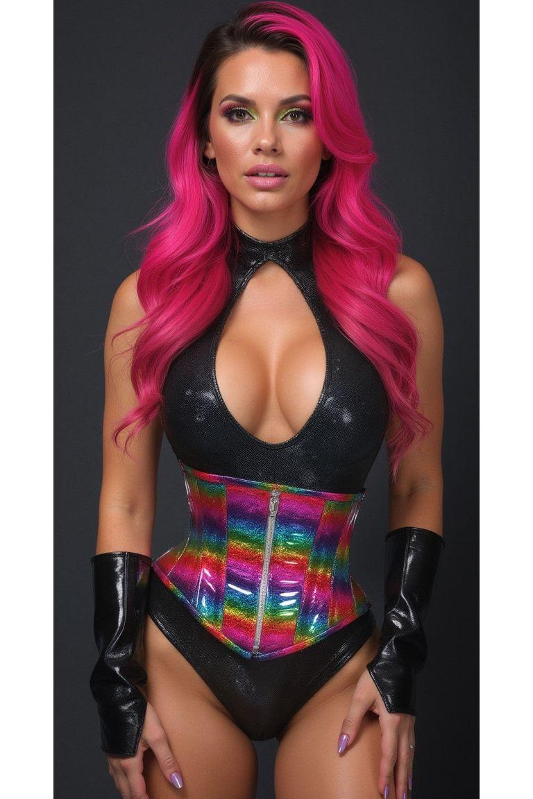 Rainbow Glitter Hologram Steel Boned Waist Cincher