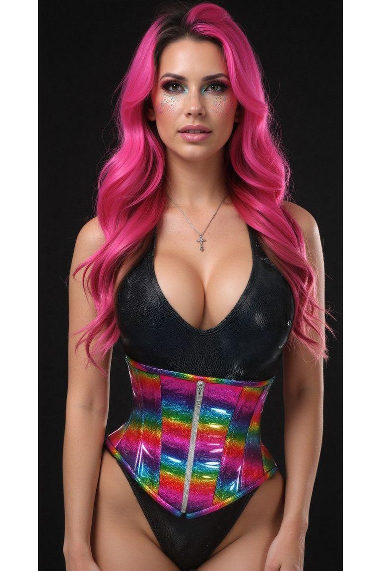 Rainbow Glitter Hologram Steel Boned Waist Cincher