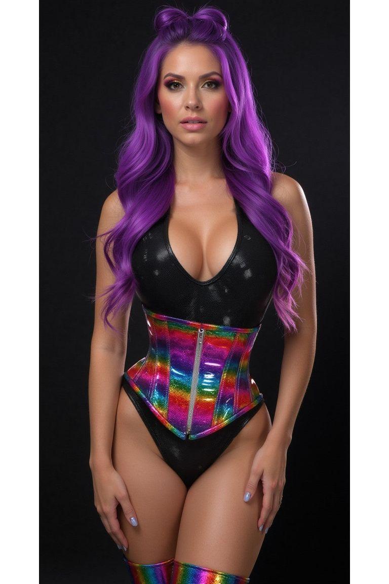 Rainbow Glitter Hologram Steel Boned Waist Cincher