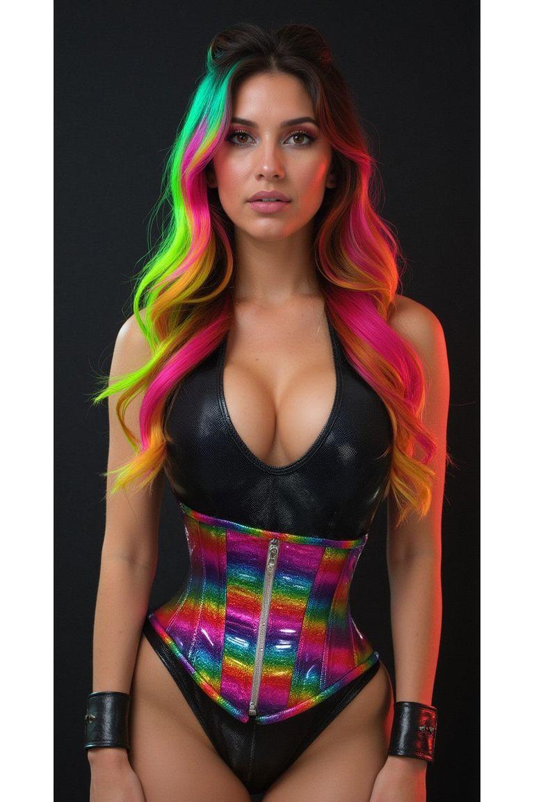 Rainbow Glitter Hologram Steel Boned Waist Cincher