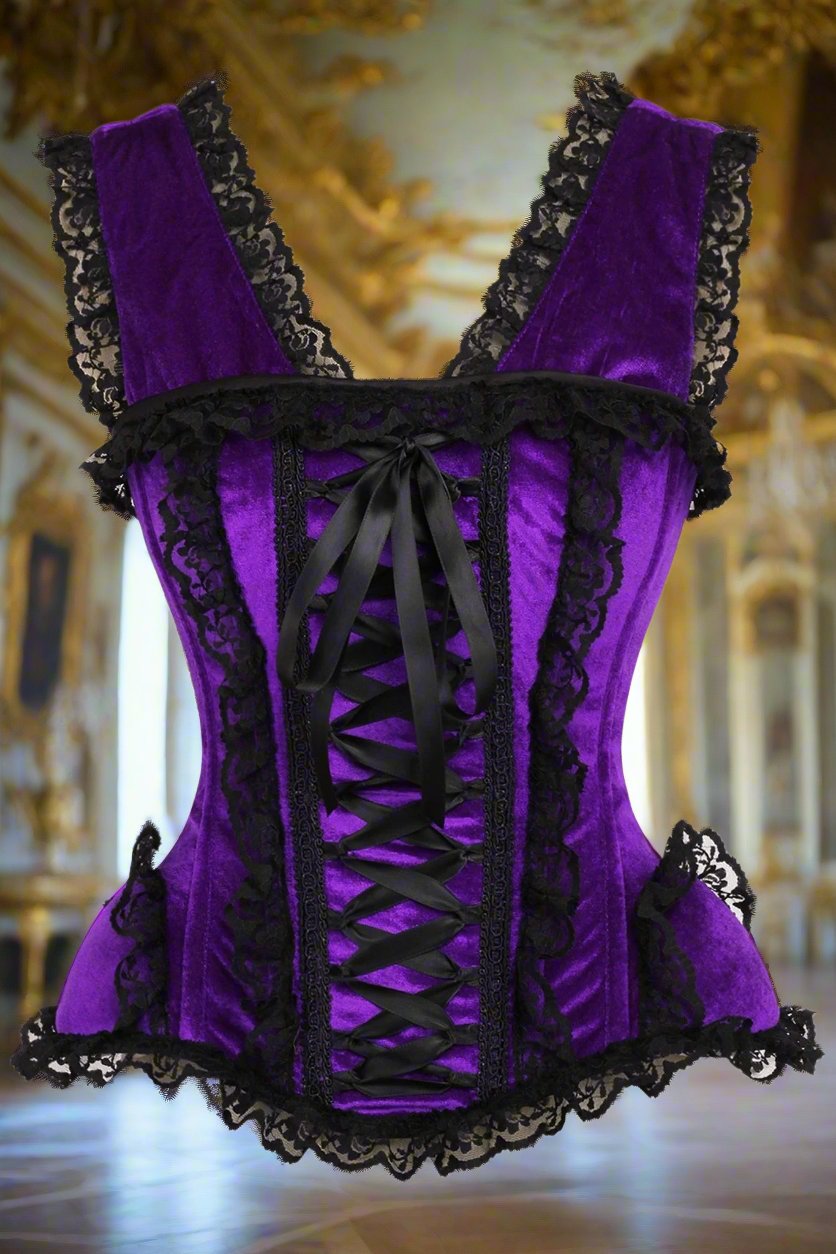 Purple and Black Velvet and Lace Steel Boned Corset
