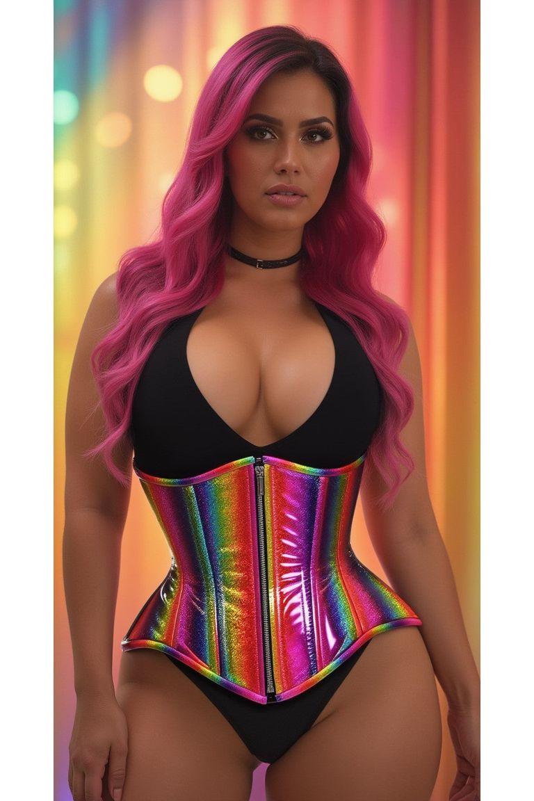 Rainbow Glitter Double Steel Boned Waist Cincher