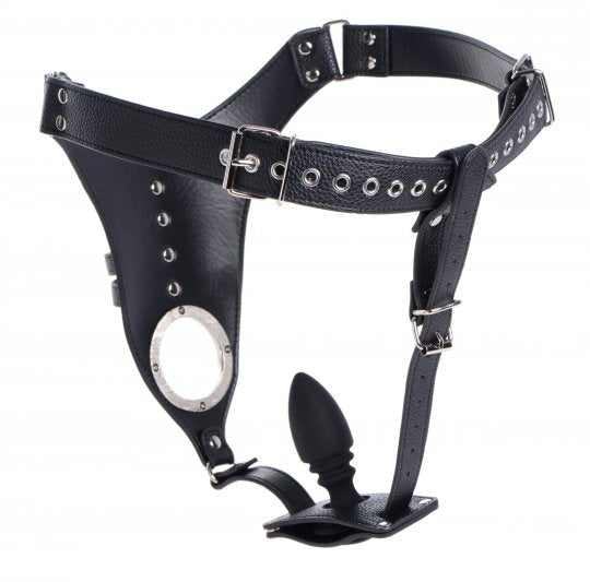 Strict Leather Male Chastity Harness with Silicone Anal Plug