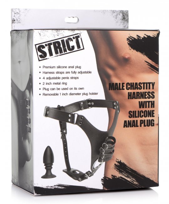 Strict Leather Male Chastity Harness with Silicone Anal Plug