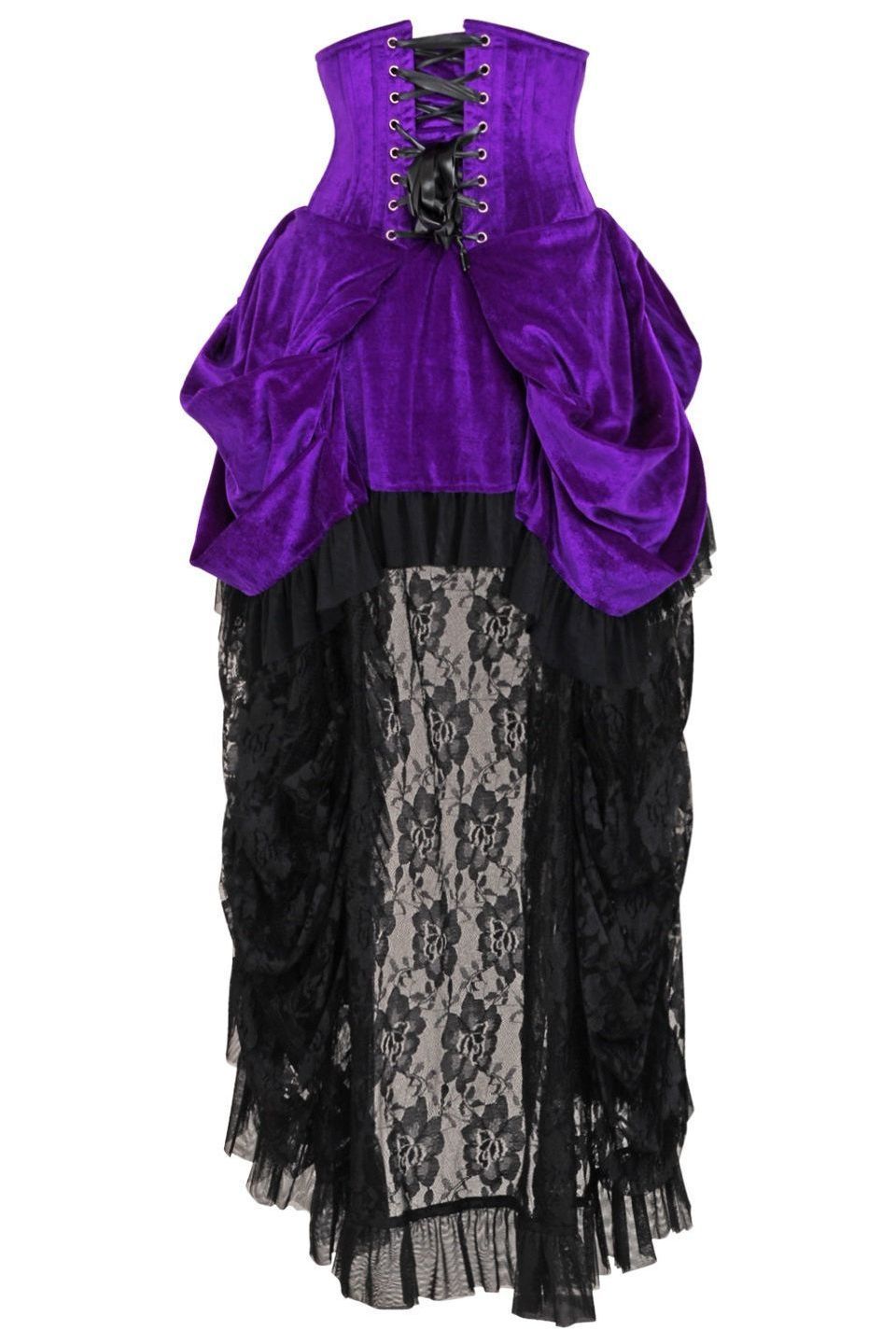 Top Drawer Steel Boned Purple Velvet Victorian Bustle Underbust Corset Dress - Daisy Corsets