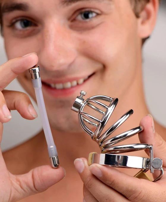 Stainless Steel Chastity Cage with Silicone Urethral Plug
