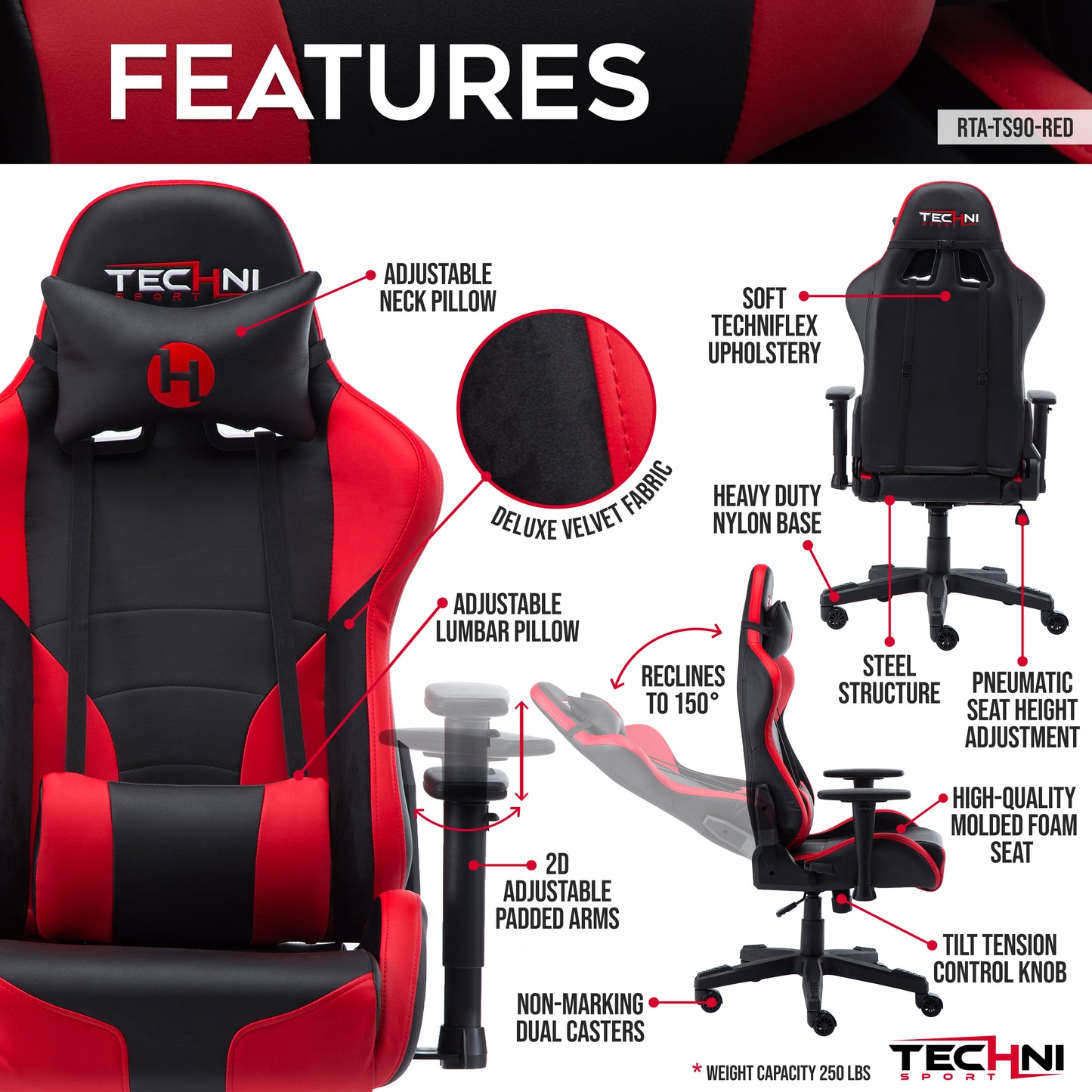 Techni Sport TS-90 Office-PC Gaming Chair, Red and Black PU Leather