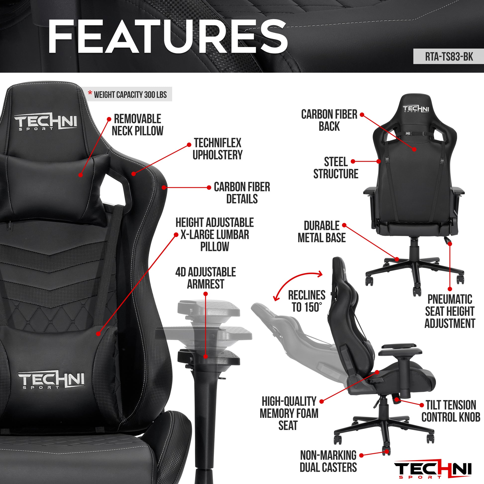 Techni Sport TS-83 Ergonomic High Back Racer Style PC Gaming Chair, Black PU Leather