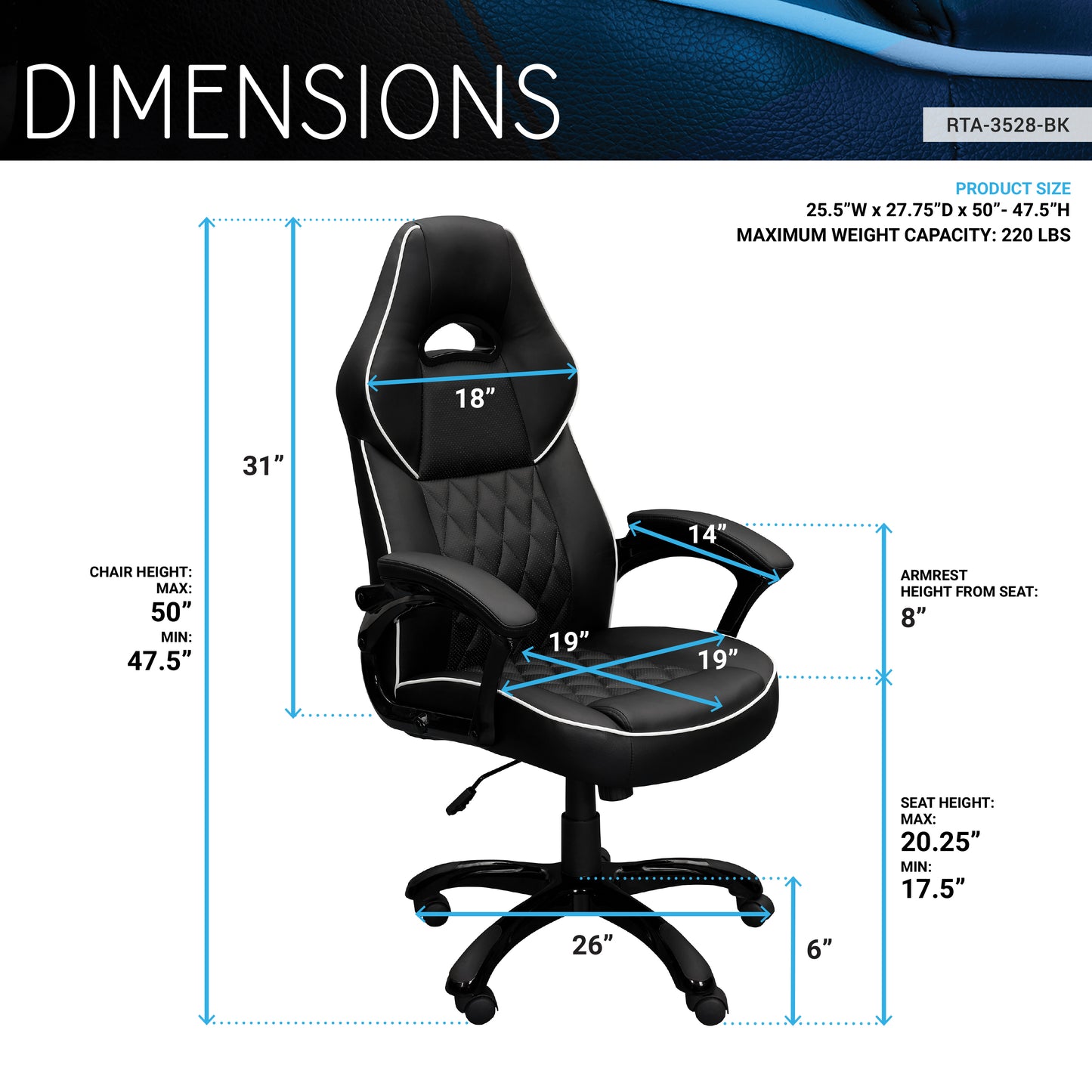 Techni Mobili High Back Executive Sport Race Office Chair, Black PU Leather