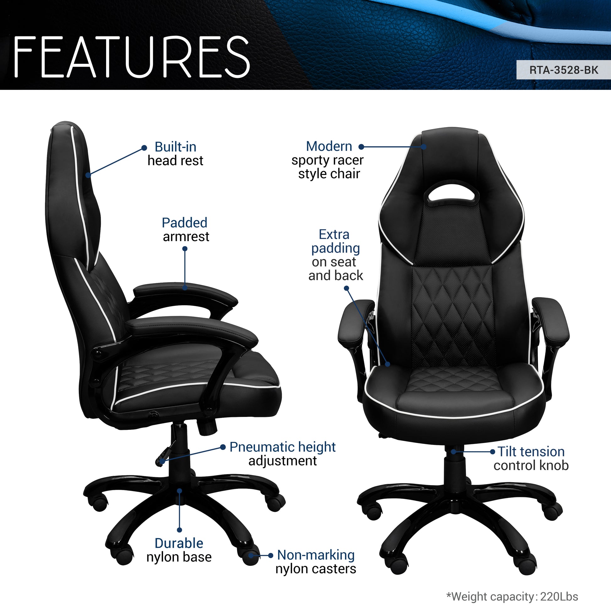 Techni Mobili High Back Executive Sport Race Office Chair, Black PU Leather