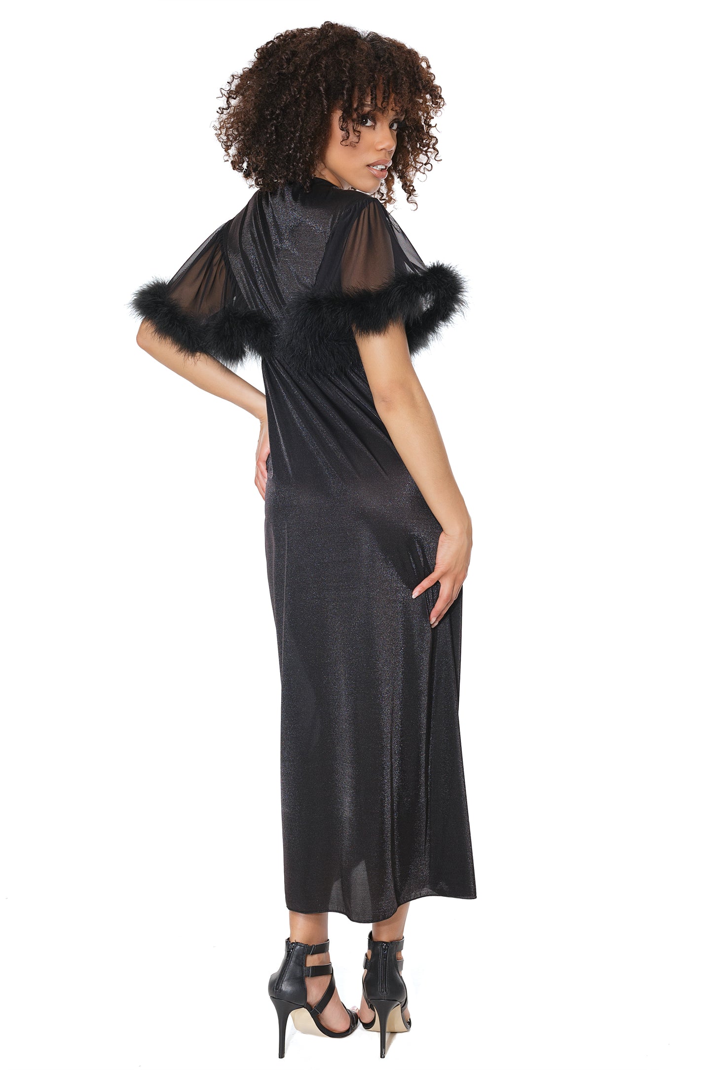 Coquette Full Length Metallic Semi-Sheer Knit and Mesh Faux Marabou Robe