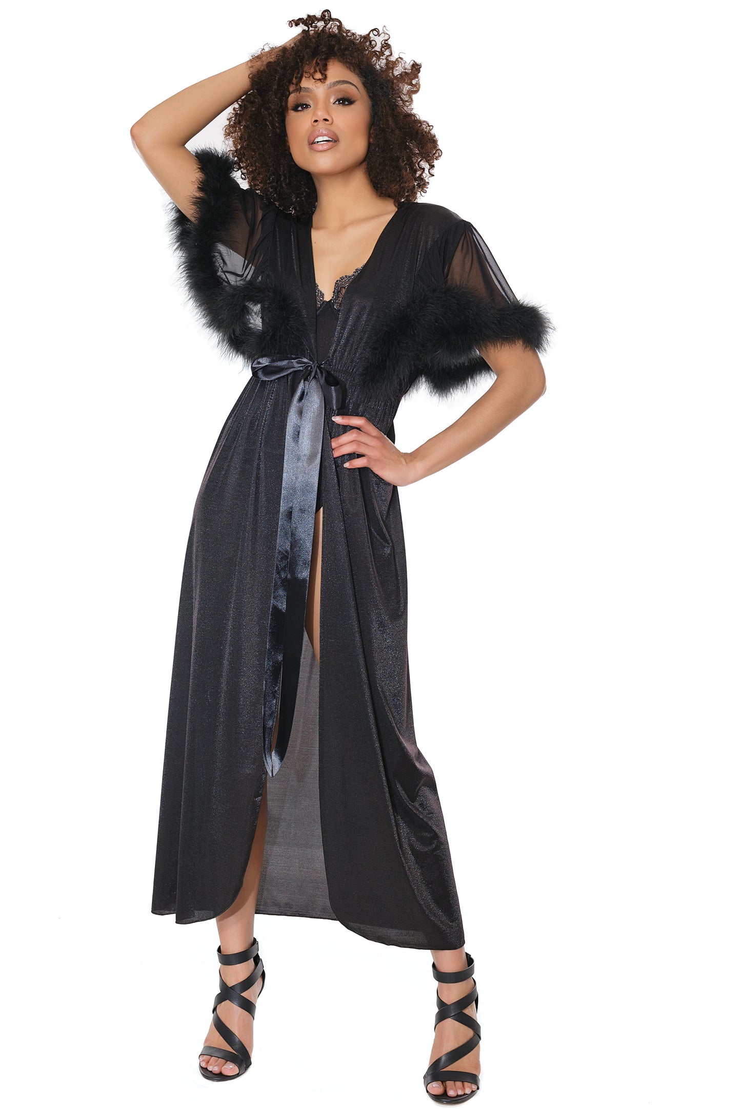 Coquette Full Length Metallic Semi-Sheer Knit and Mesh Faux Marabou Robe