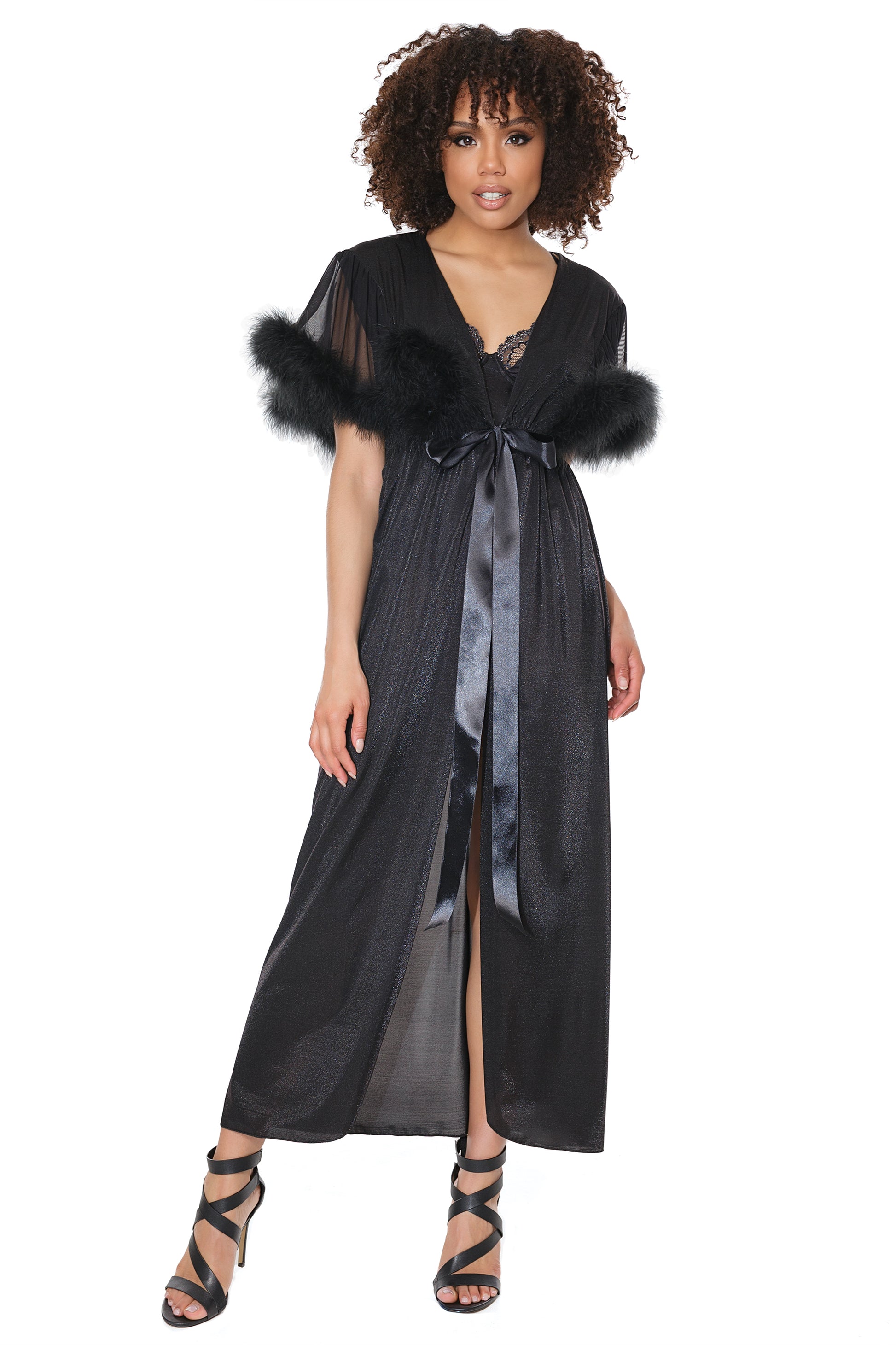 Coquette Full Length Metallic Semi-Sheer Knit and Mesh Faux Marabou Robe