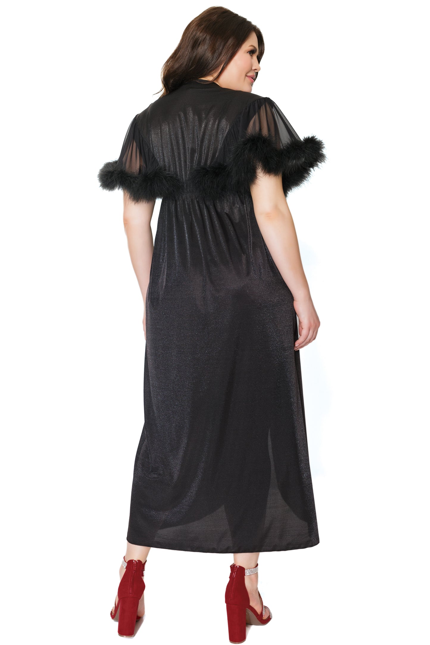 Coquette Full Length Metallic Semi-Sheer Knit and Mesh Faux Marabou Robe
