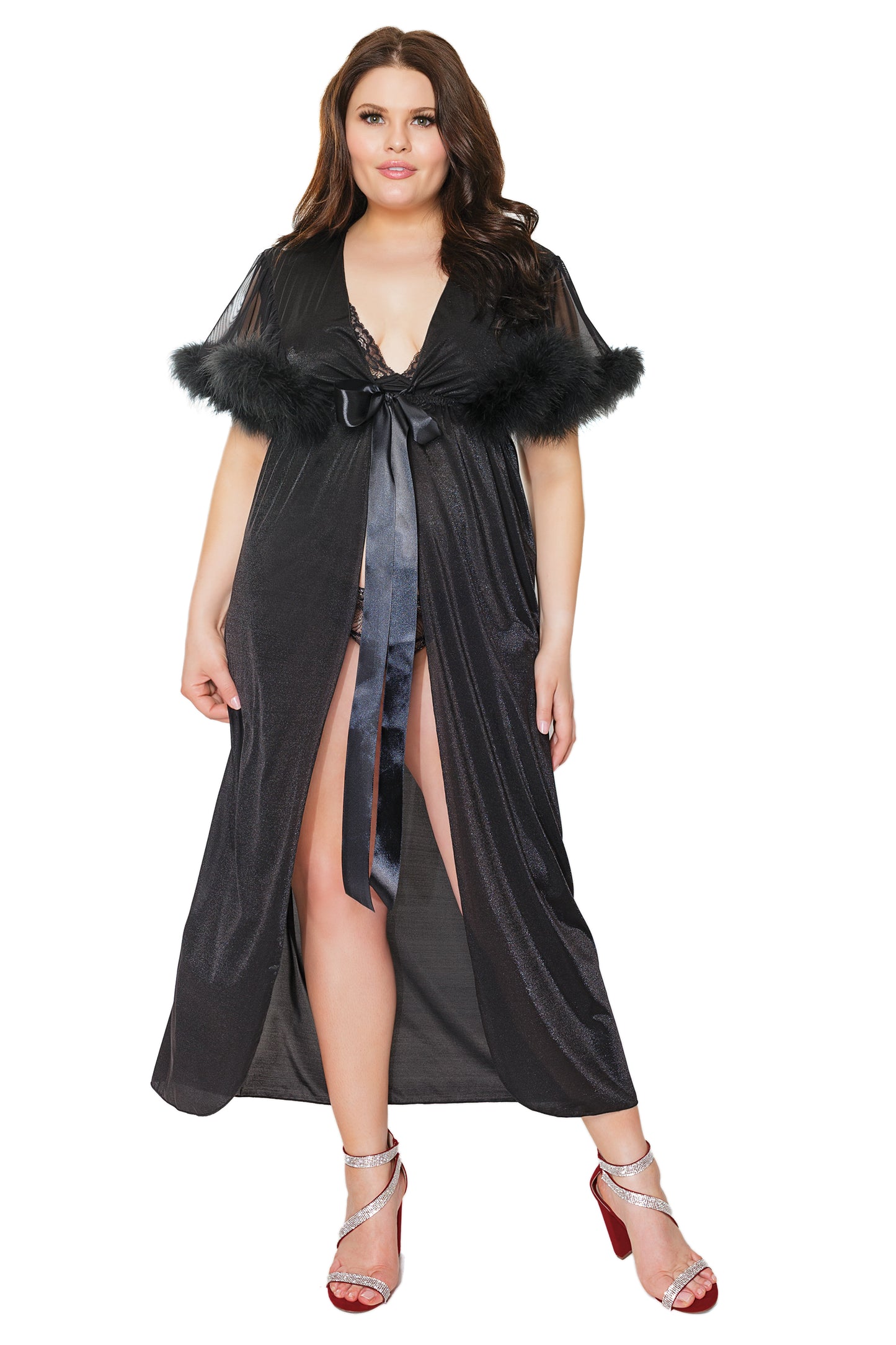 Coquette Full Length Metallic Semi-Sheer Knit and Mesh Faux Marabou Robe