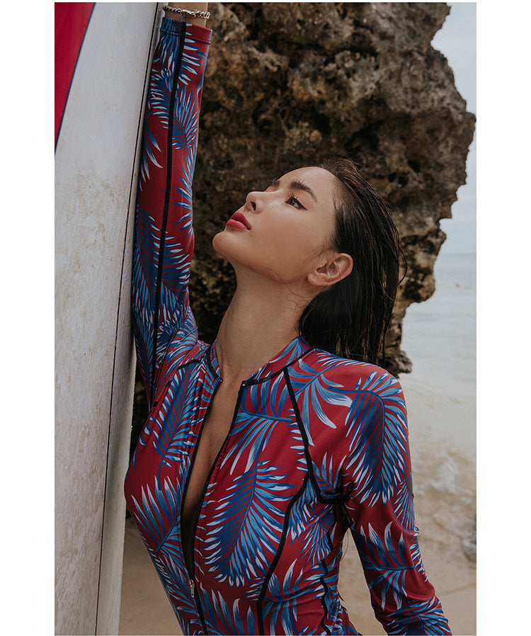 Foliage Red, White, and Blue Rashguard One Piece Swimsuit