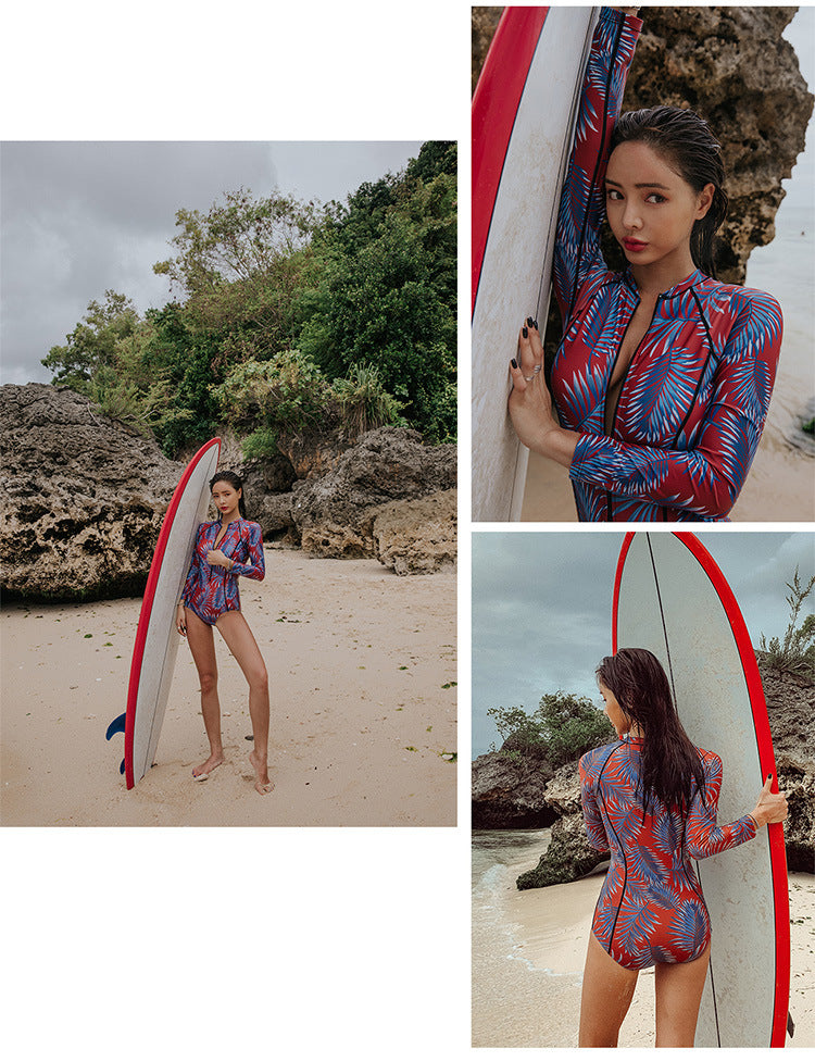 Foliage Red, White, and Blue Rashguard One Piece Swimsuit