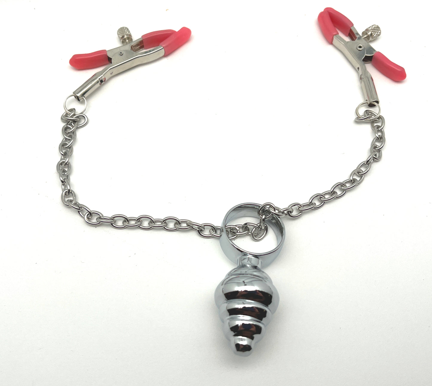 Adjustable Bullnose Nipple Clamps with a Mini Butt Plug on the Chain