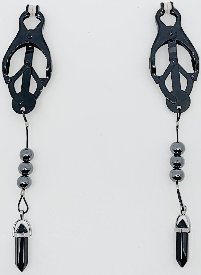 Cameroon Nipple Clamps with Natural Hematite Beads and Quartz Crystal Pendants