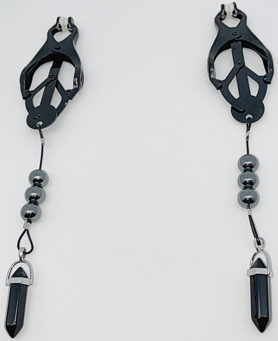 Cameroon Nipple Clamps with Natural Hematite Beads and Quartz Crystal Pendants