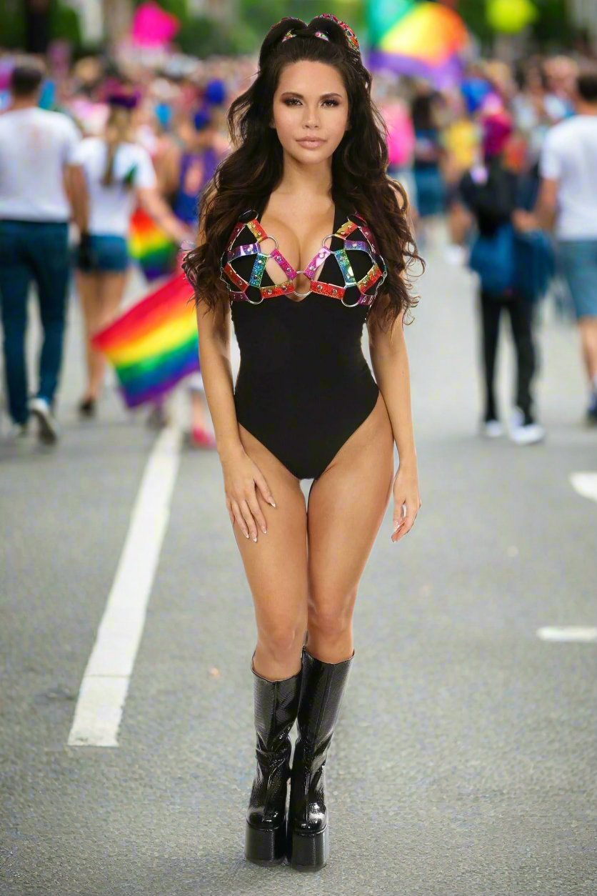 Rainbow Glitter PVC Strappy Bra Top Harness in Size Regular or Queen