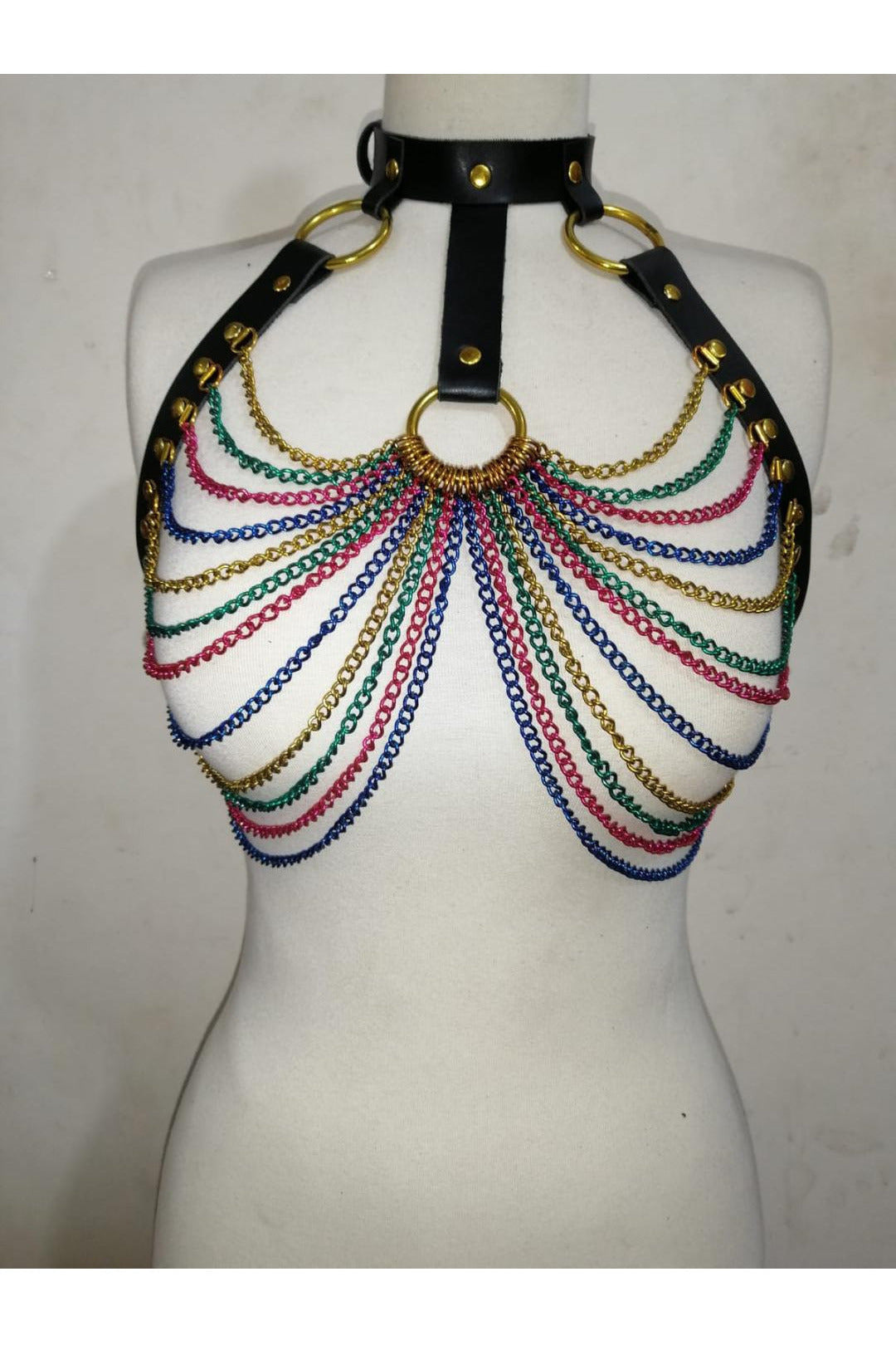 Daisy Corsets Black Faux Leather with Rainbow Metallic Chain Harness in Size Regular or Queen