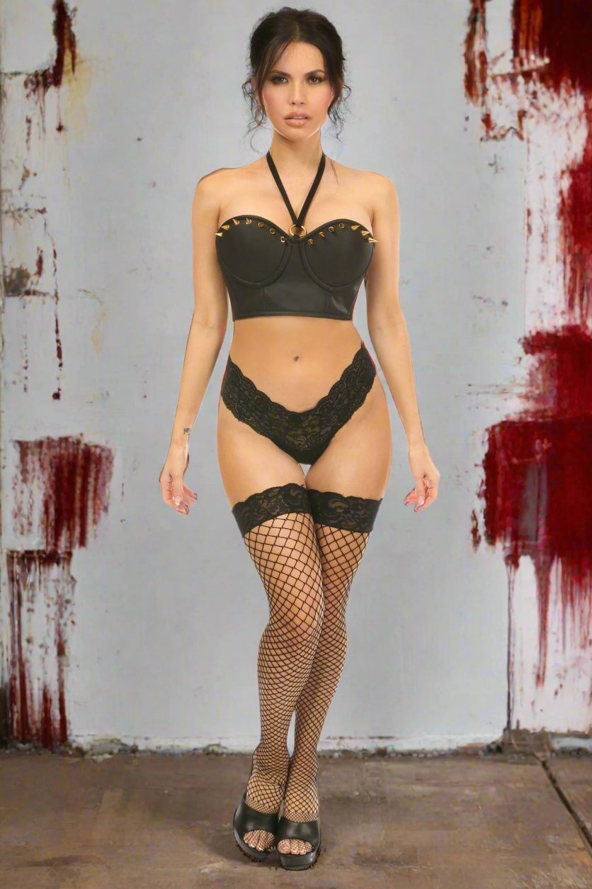 Lavish Faux Leather Halter Bustier with Spikes in Size S, M, L, XL, 2X, 3X, 4X, 5X, or 6X