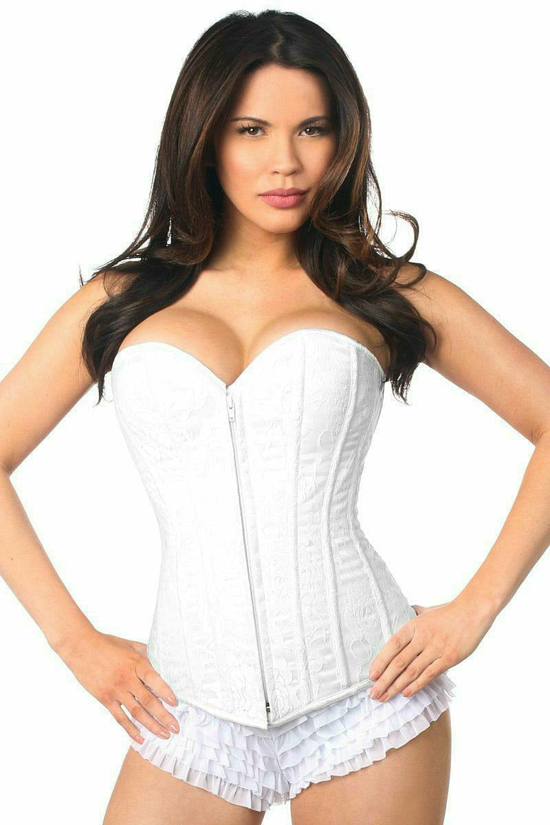 Lavish White Lace Overbust Corset with Front Zipper Closure by Daisy Corsets in Size S, M, L, XL, 2X, 3X, 4X, 5X, or 6X