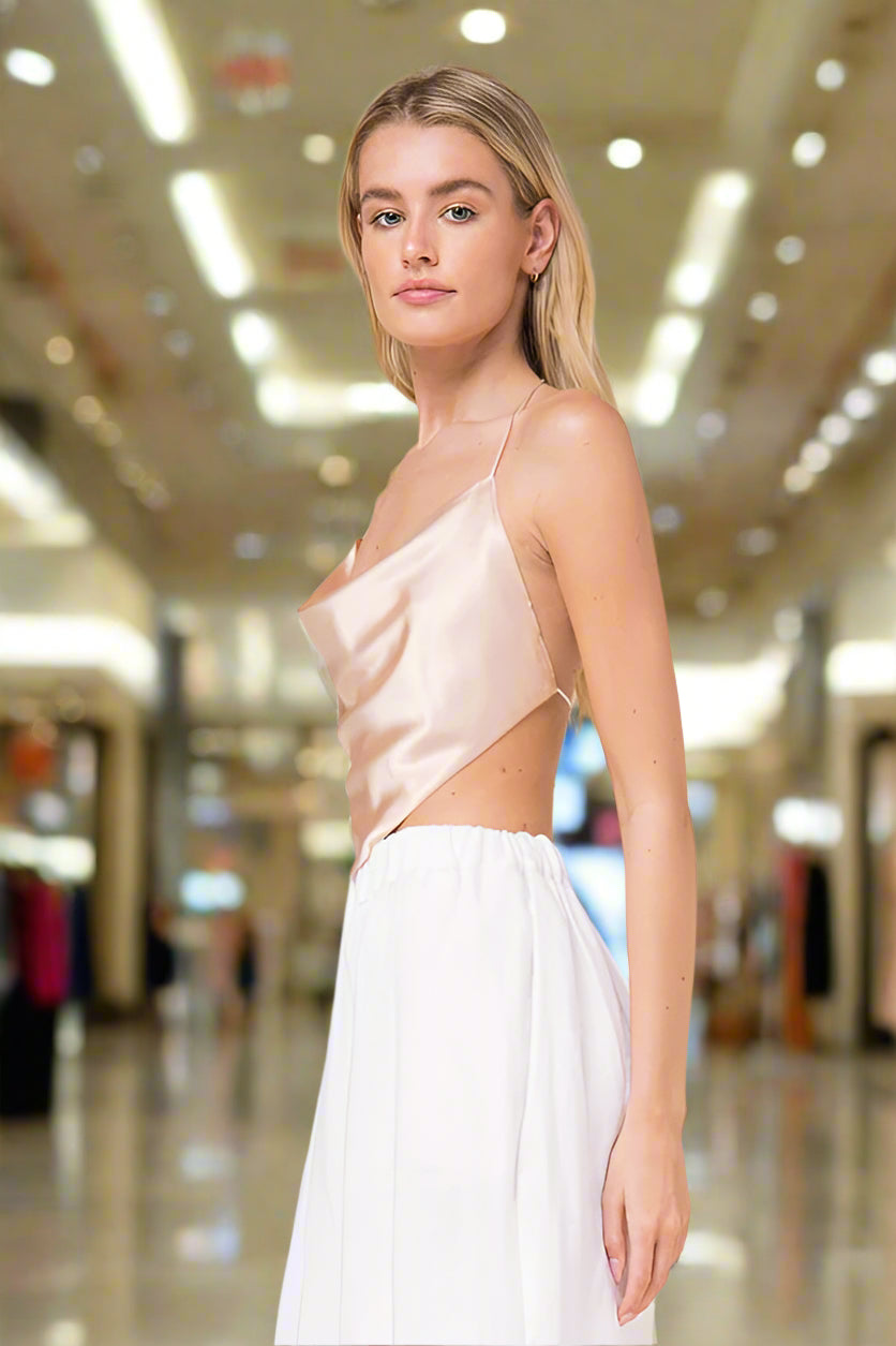 Sun Kissed Satin Sleeveless Open Back Cropped Halter Top