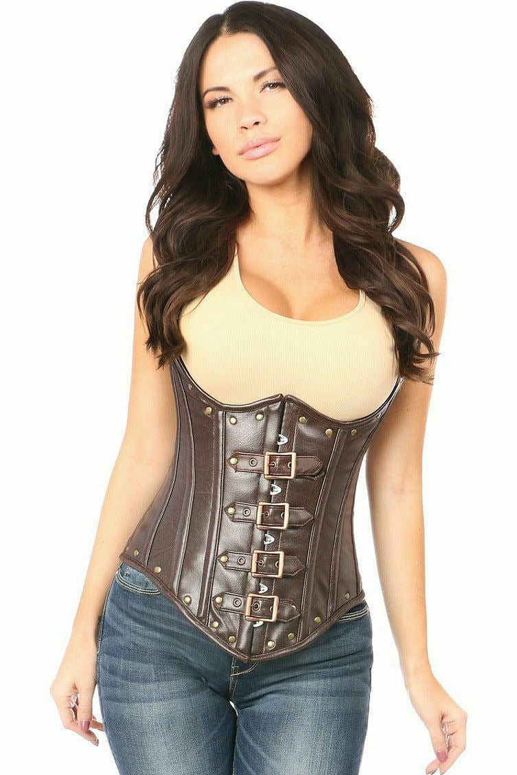 Top Drawer Steel Boned Distressed Brown Faux Leather Underbust Corset Top by Daisy Corsets in Size S, M, L, XL, 2X, 3X, 4X, 5X, or 6X