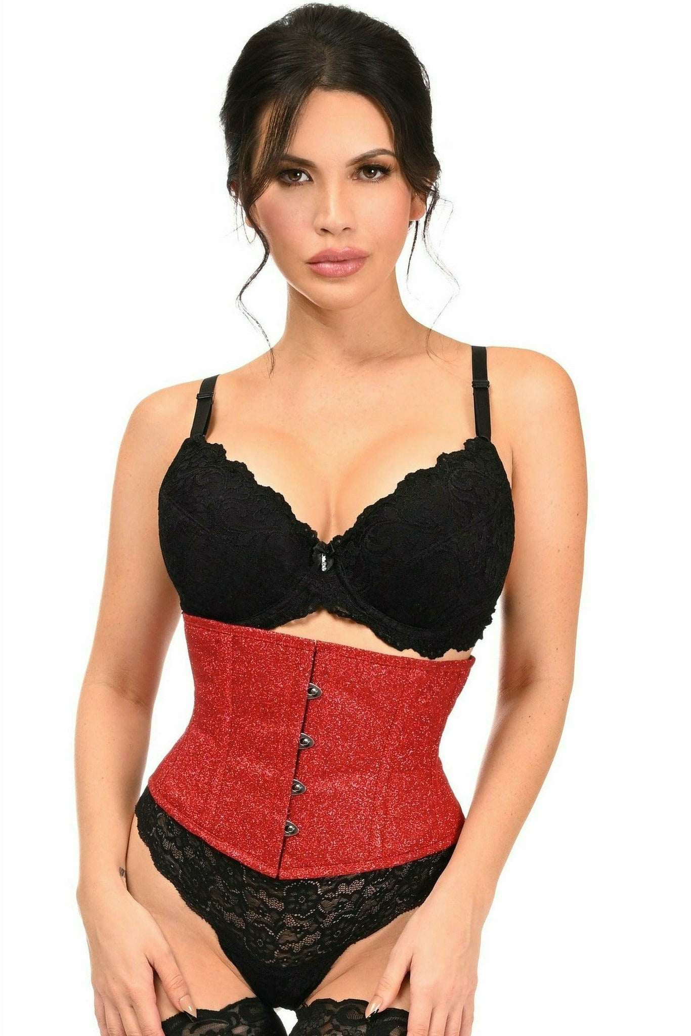 Top Drawer Cherry Bomb Glitter Steel Boned Mini Cincher in Size S, M, L, XL, 2X, 3X, 4X, 5X, or 6X