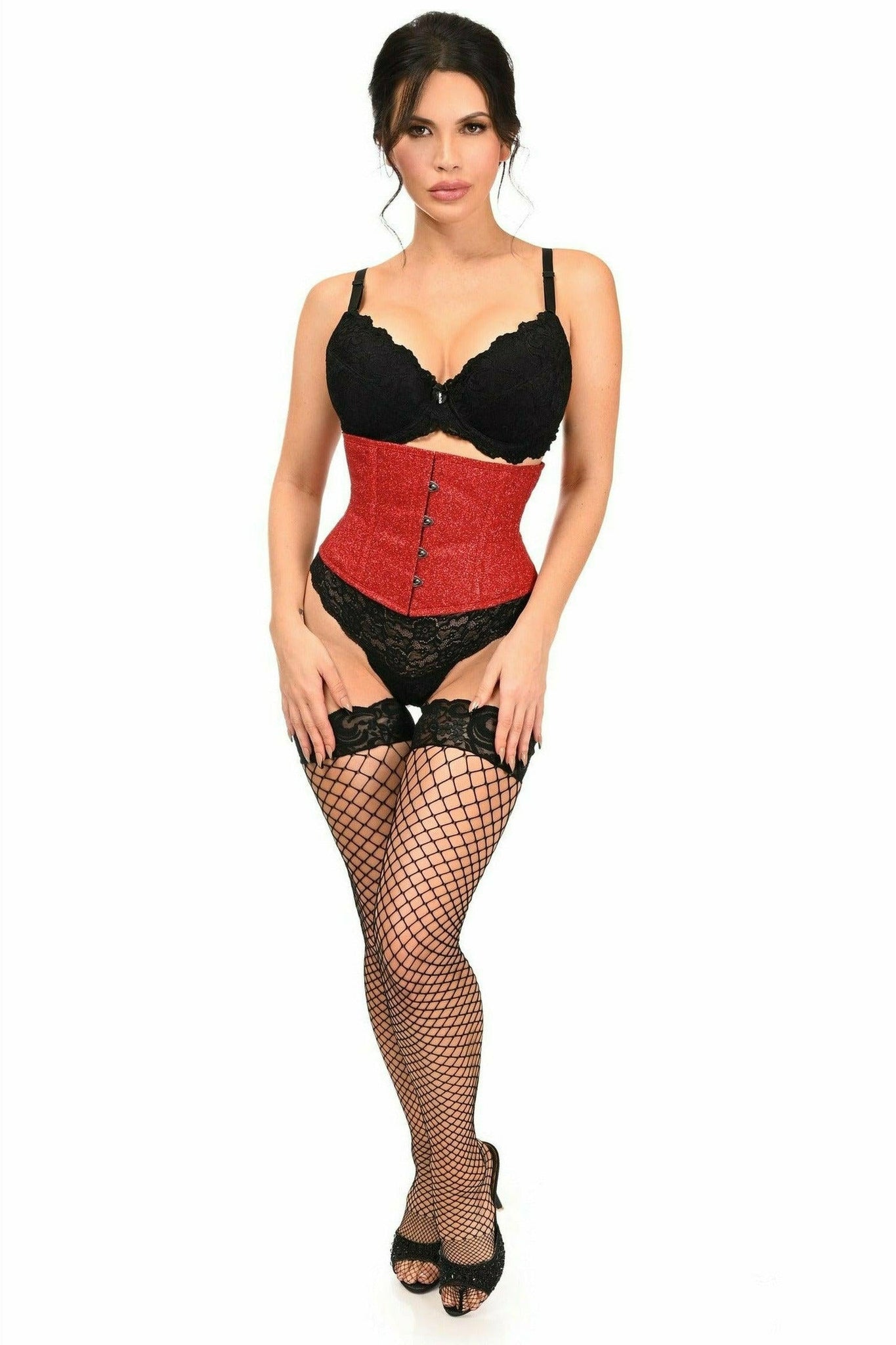 Top Drawer Cherry Bomb Glitter Steel Boned Mini Cincher in Size S, M, L, XL, 2X, 3X, 4X, 5X, or 6X