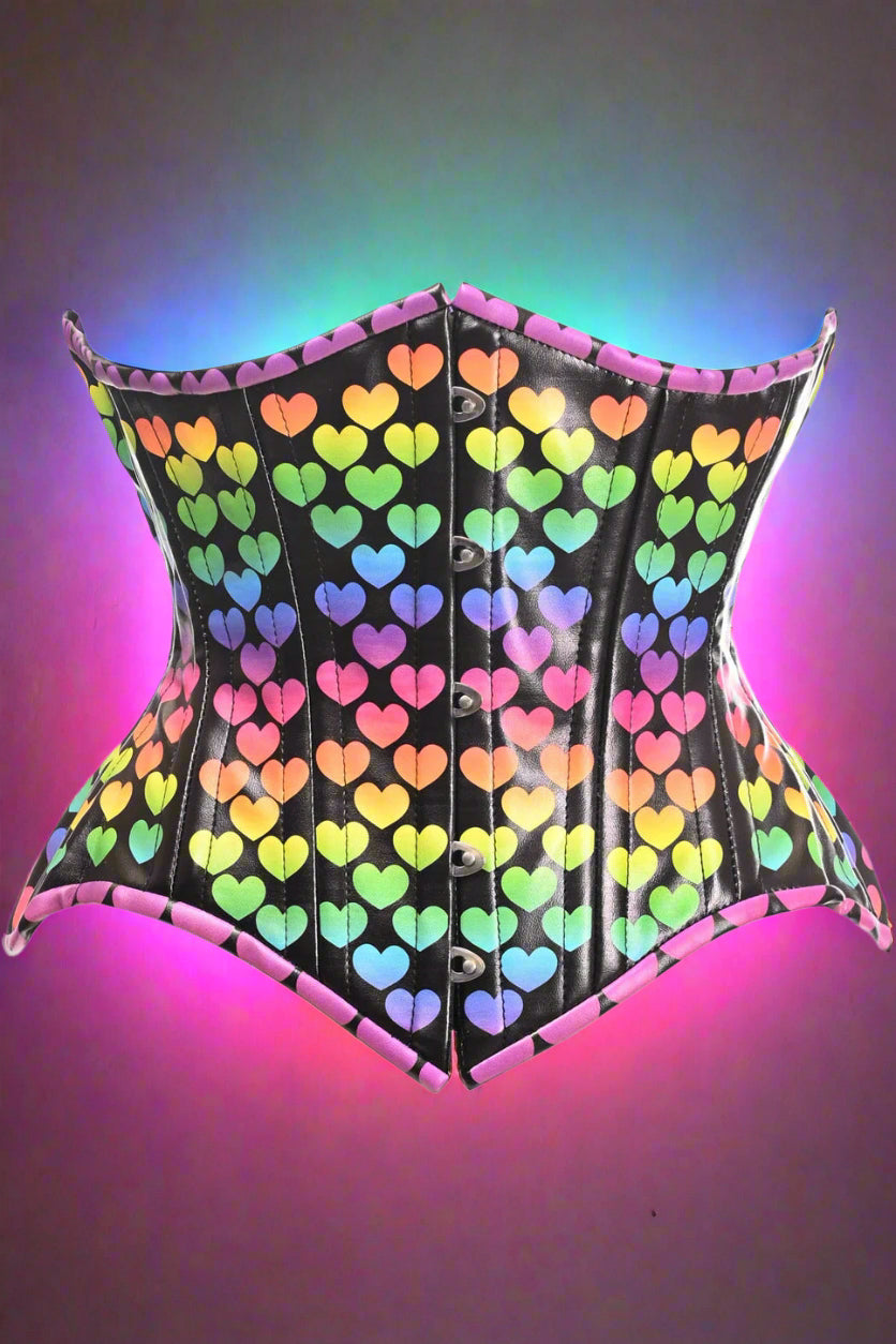 Rainbow Hearts Double Steel Boned Curvy Cut Under Bust Corset