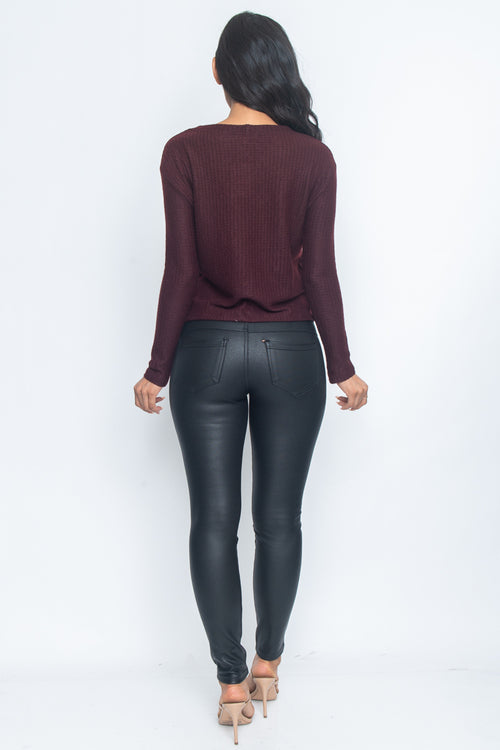Pretty Cropped Button Up Sweater in Wine in Size S, M, L, or XL