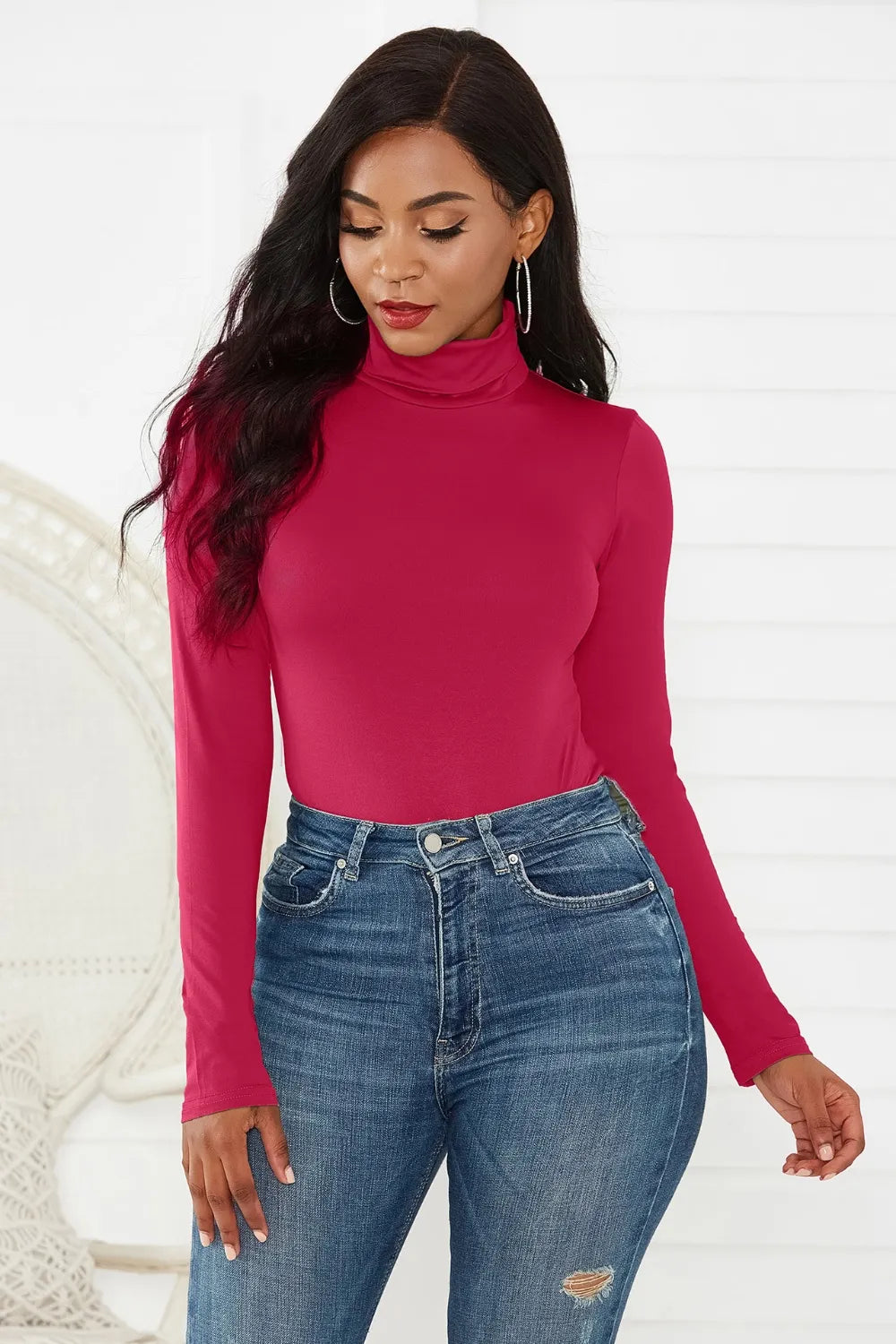Turtleneck Long Sleeve Bodysuit Scarlet