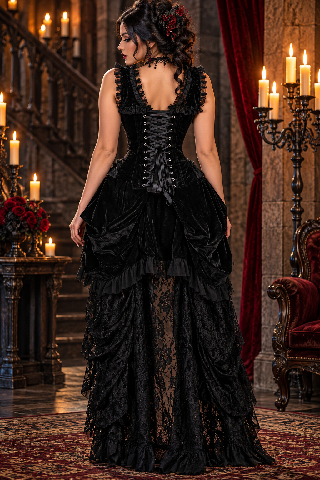 Black Velvet Victorian Bustle Corset Dress