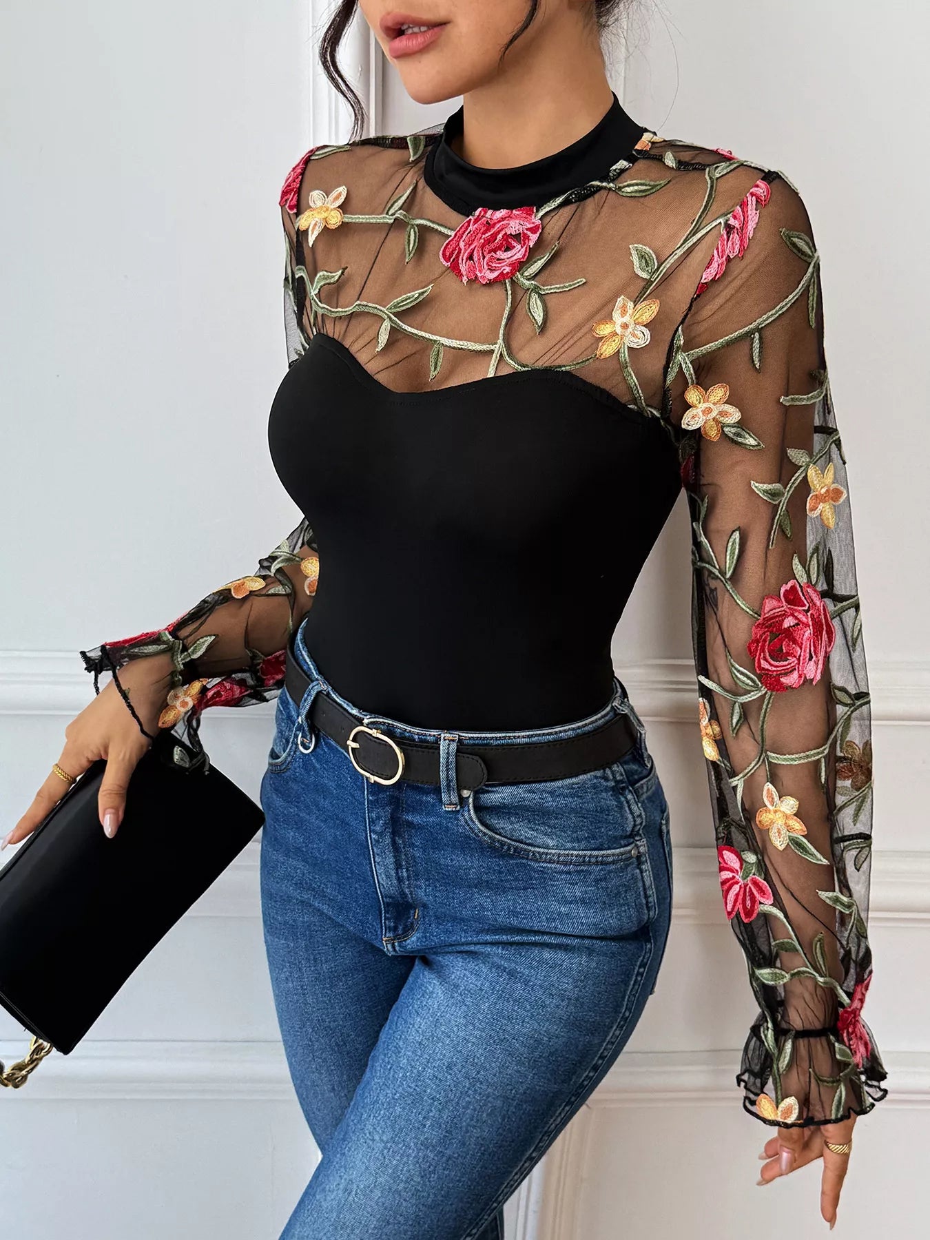 Floral Embroidered Mesh Long Sleeve Bodysuit Black